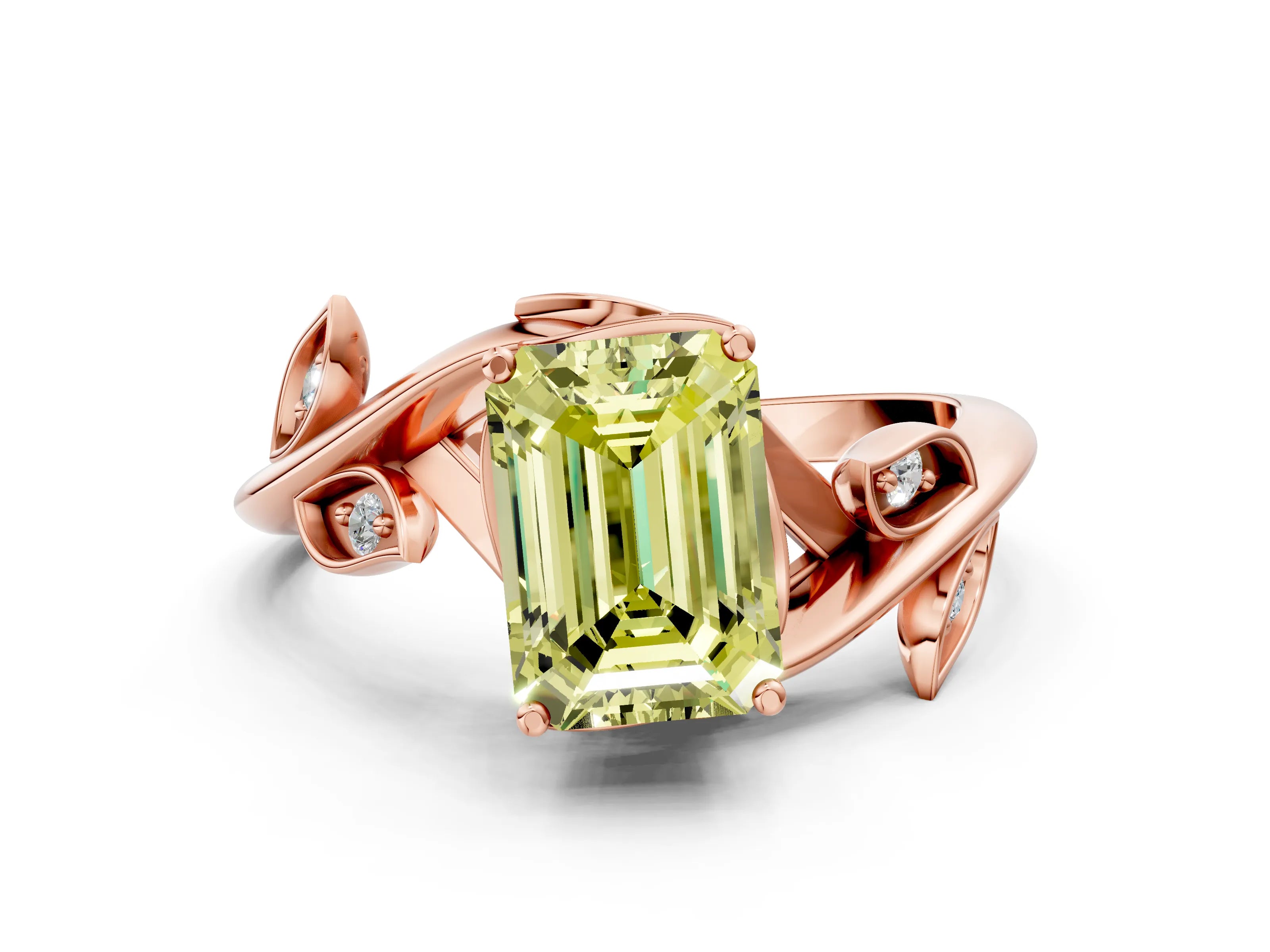 Rose gold Fancy Yellow Emerald Cut Solitaire Twist Engagement Ring with Leaf Accents and Prong Setting_12