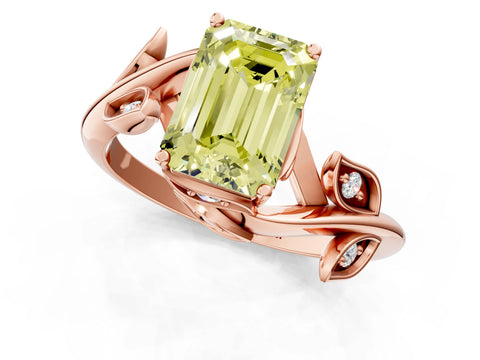 Rose gold Fancy Yellow Emerald Cut Solitaire Twist Engagement Ring with Leaf Accents and Prong Setting_13