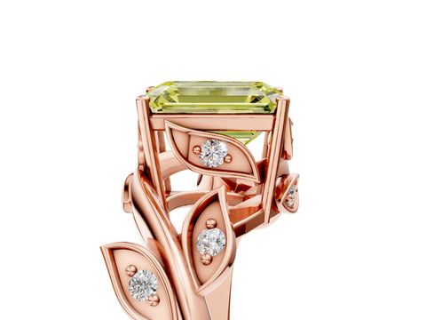 Rose gold Fancy Yellow Emerald Cut Solitaire Twist Engagement Ring with Leaf Accents and Prong Setting_17