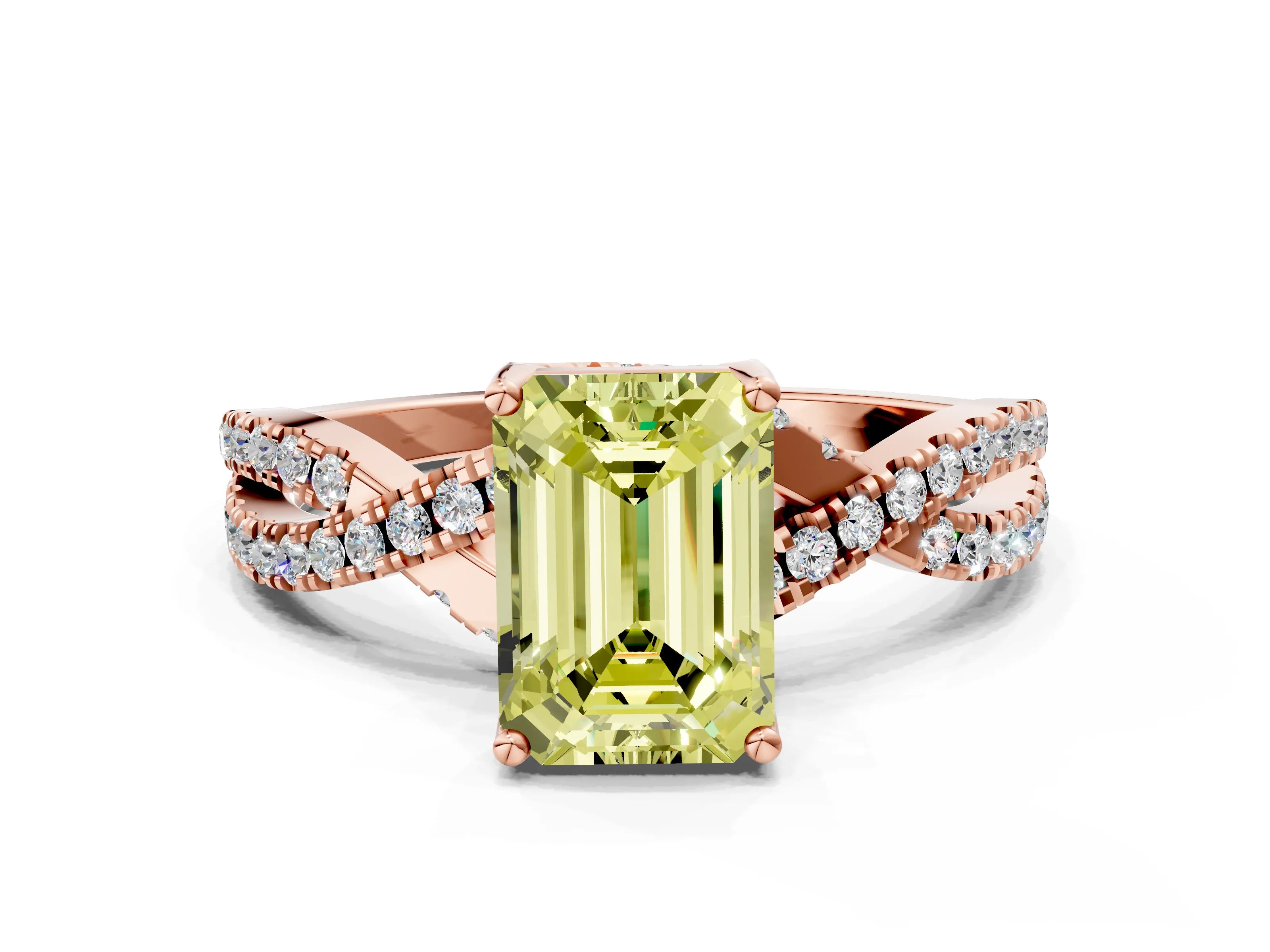 Rose gold Fancy Yellow Emerald Cut Solitaire Twist Pave Diamond Engagement Ring with Prong Setting