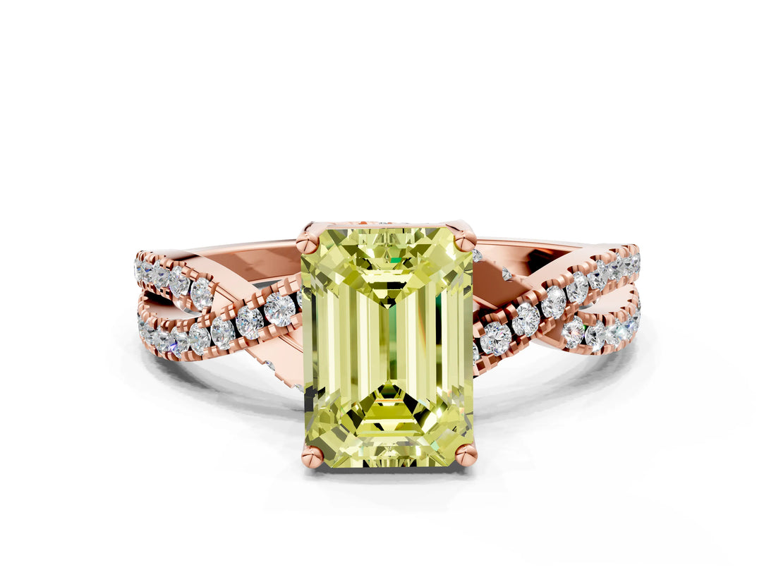 Rose gold Fancy Yellow Emerald Cut Solitaire Twist Pave Diamond Engagement Ring with Prong Setting