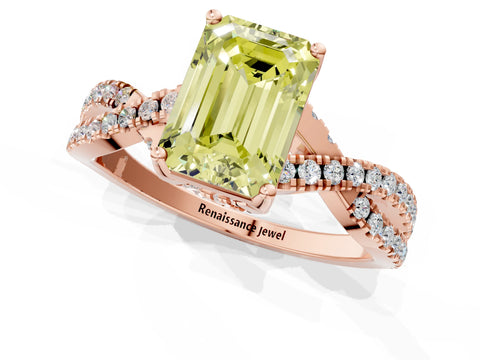 Rose gold Fancy Yellow Emerald Cut Solitaire Twist Pave Diamond Engagement Ring with Prong Setting_1
