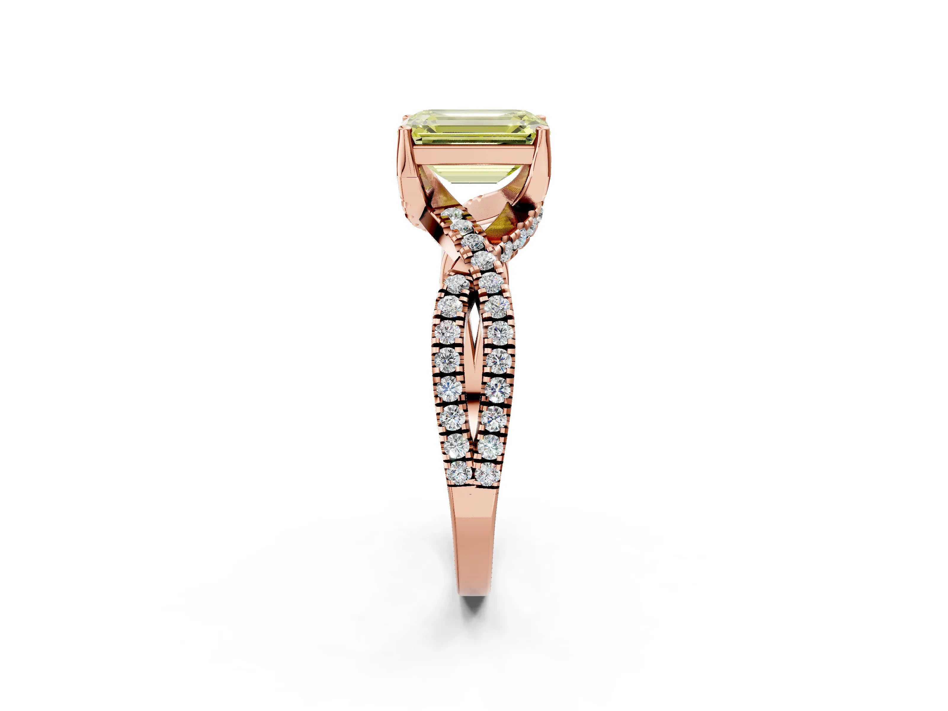 Rose gold Fancy Yellow Emerald Cut Solitaire Twist Pave Diamond Engagement Ring with Prong Setting_2