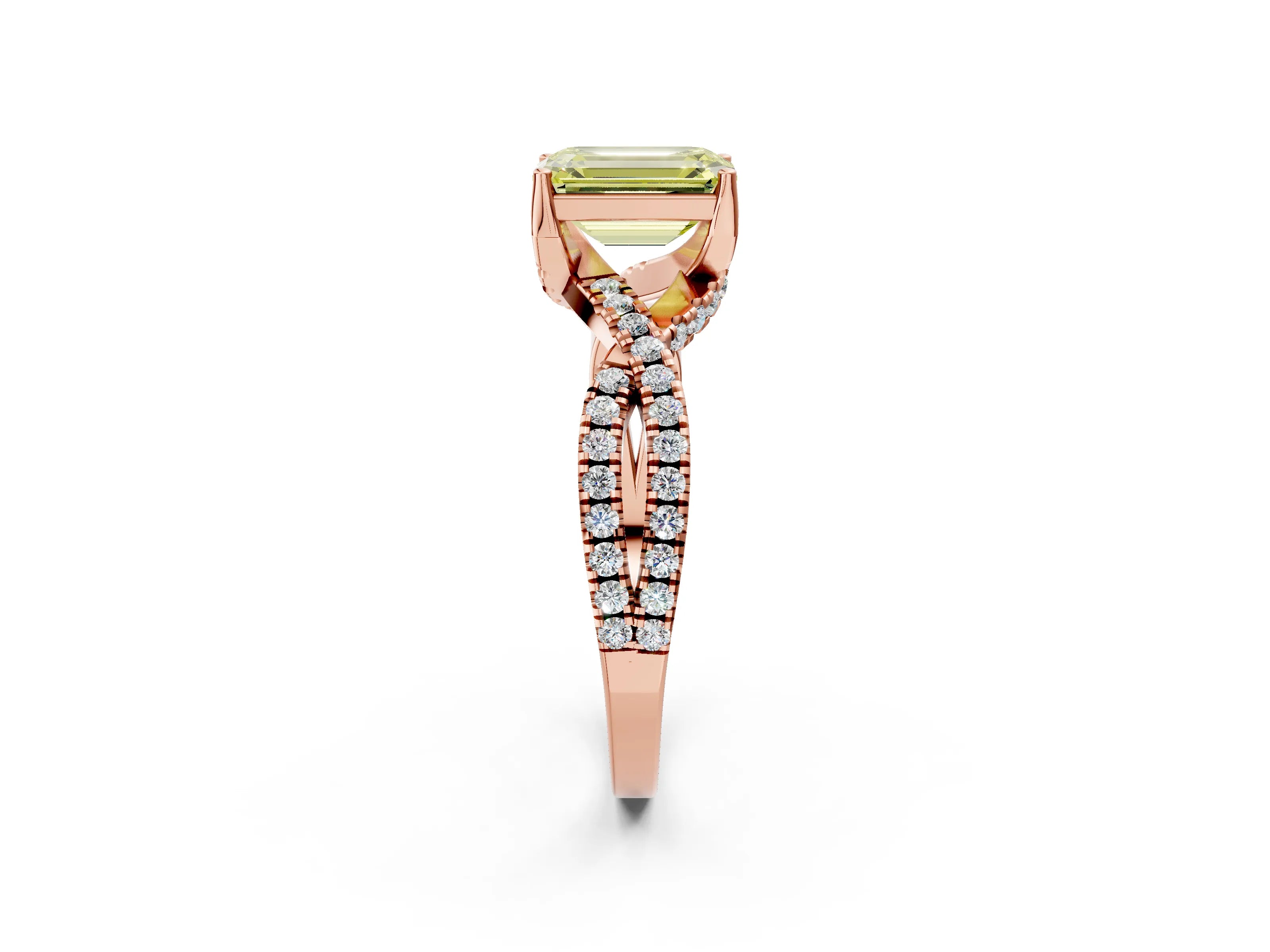 Rose gold Fancy Yellow Emerald Cut Solitaire Twist Pave Diamond Engagement Ring with Prong Setting_26