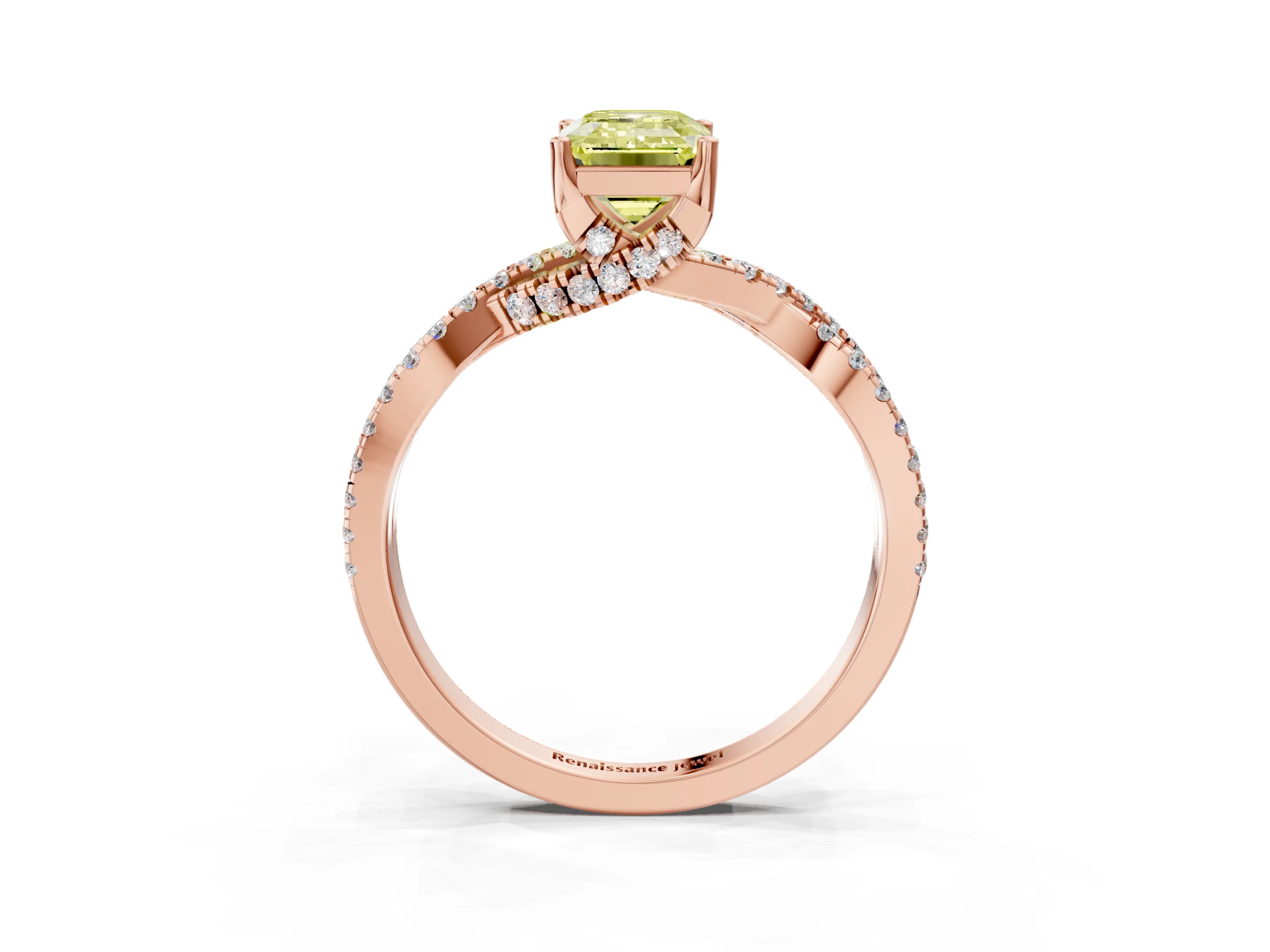 Rose gold Fancy Yellow Emerald Cut Solitaire Twist Pave Diamond Engagement Ring with Prong Setting_3
