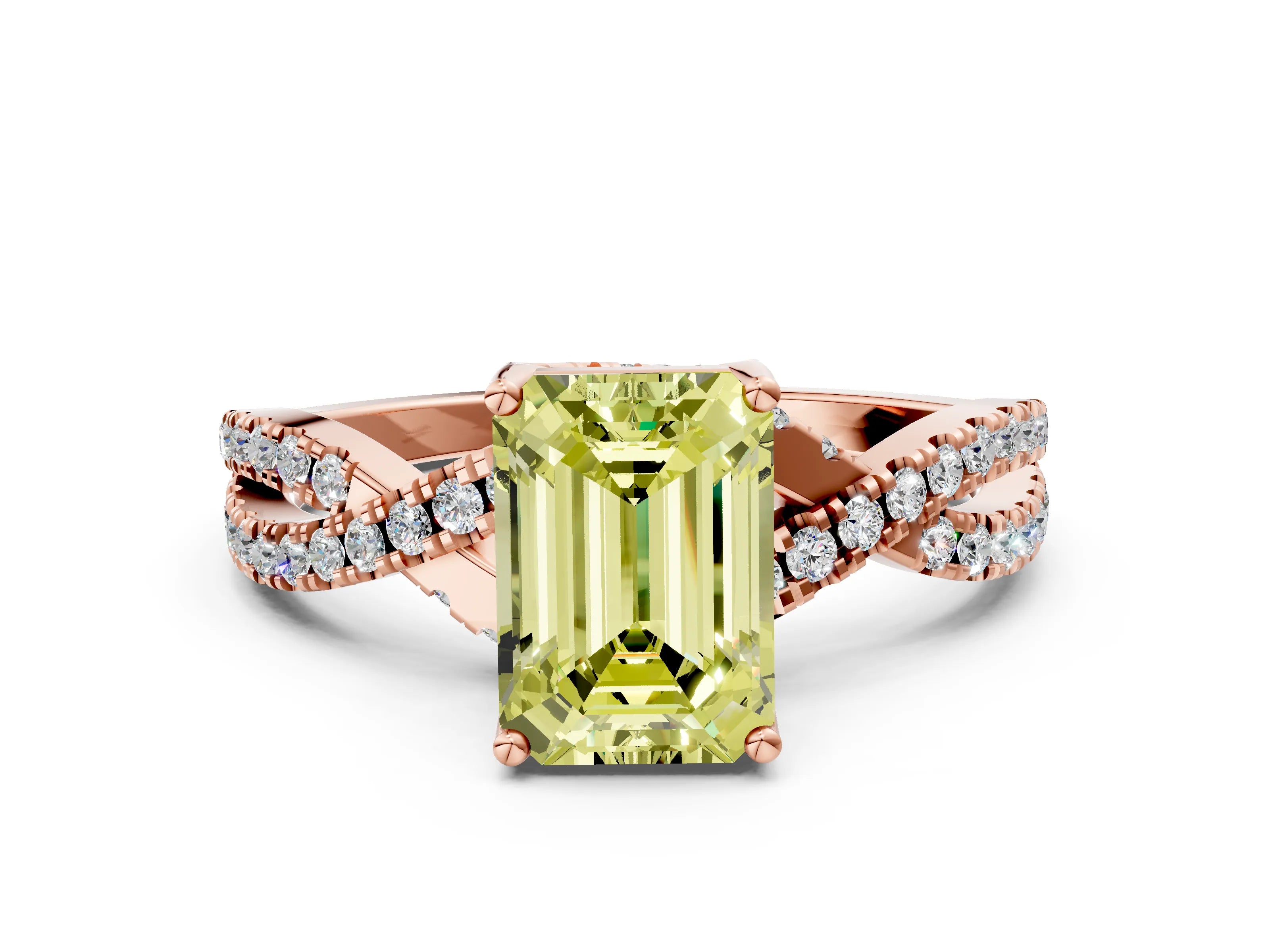 Rose gold Fancy Yellow Emerald Cut Solitaire Twist Pave Diamond Engagement Ring with Prong Setting_30