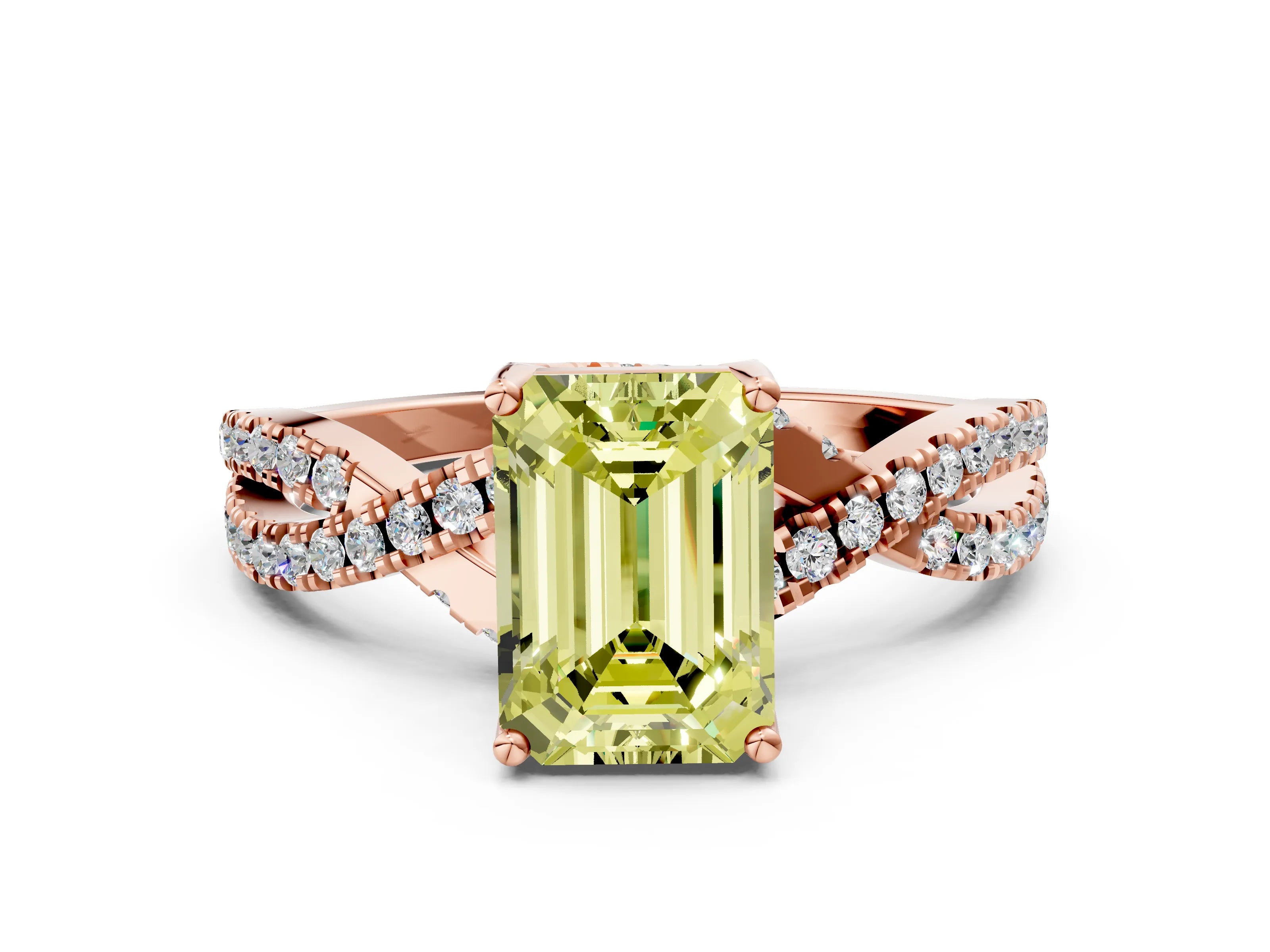 Rose gold Fancy Yellow Emerald Cut Solitaire Twist Pave Diamond Engagement Ring with Prong Setting_36