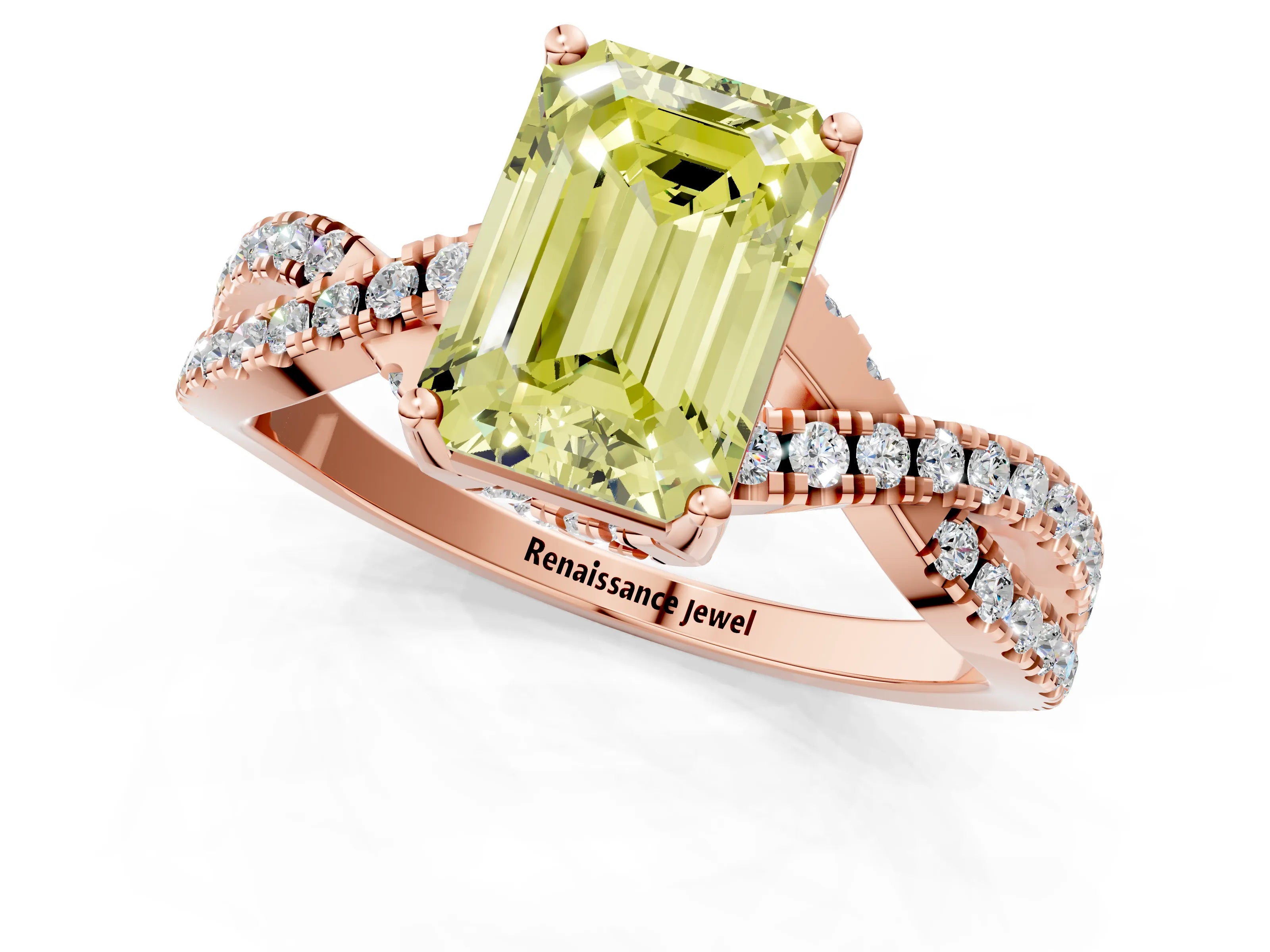 Rose gold Fancy Yellow Emerald Cut Solitaire Twist Pave Diamond Engagement Ring with Prong Setting_37