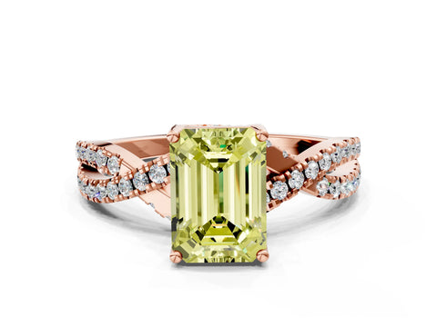 Rose gold Fancy Yellow Emerald Cut Solitaire Twist Pave Diamond Engagement Ring with Prong Setting