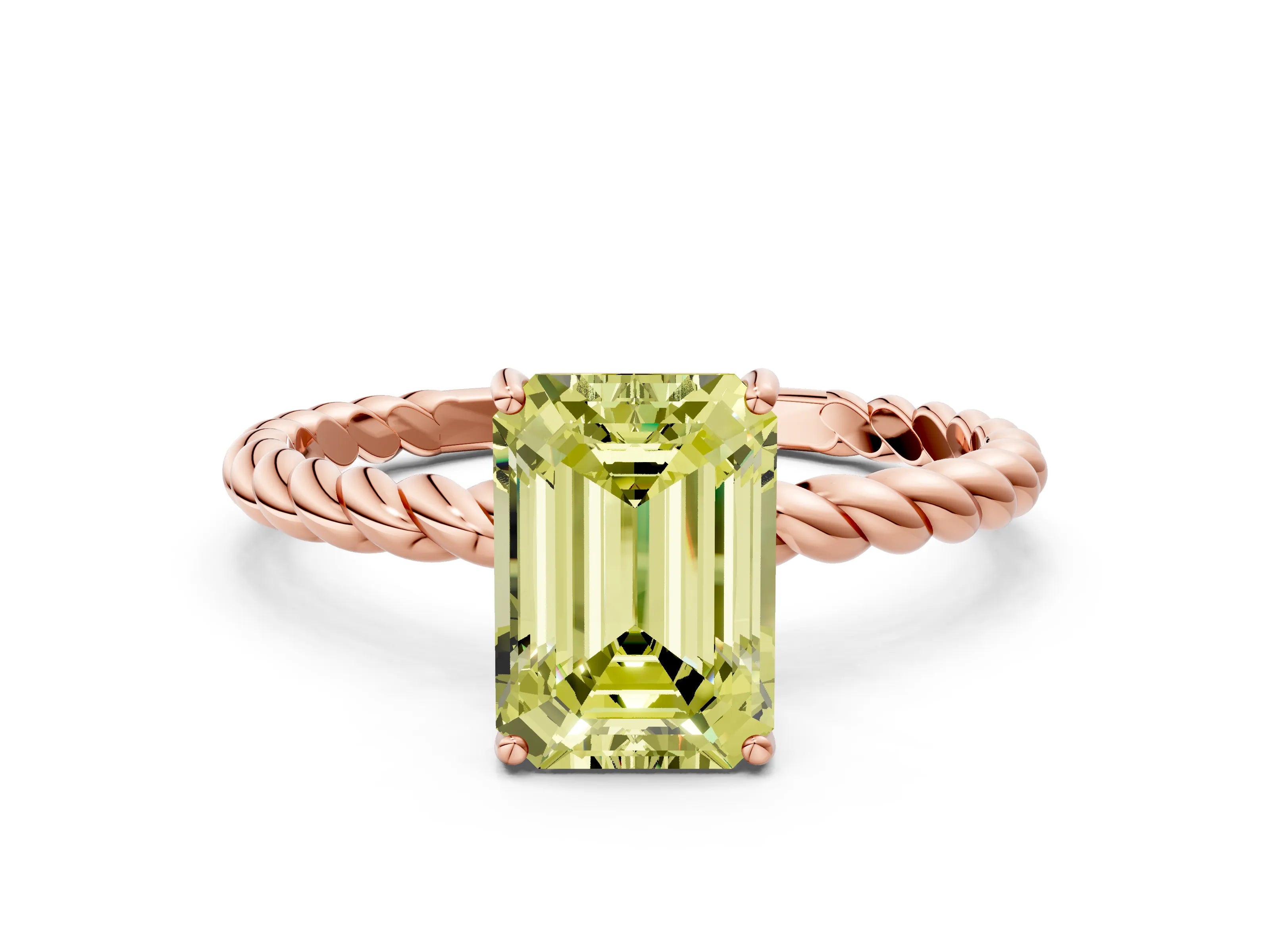Rose gold Fancy Yellow Emerald Cut Solitaire Twisted Band 4-Prong Ring