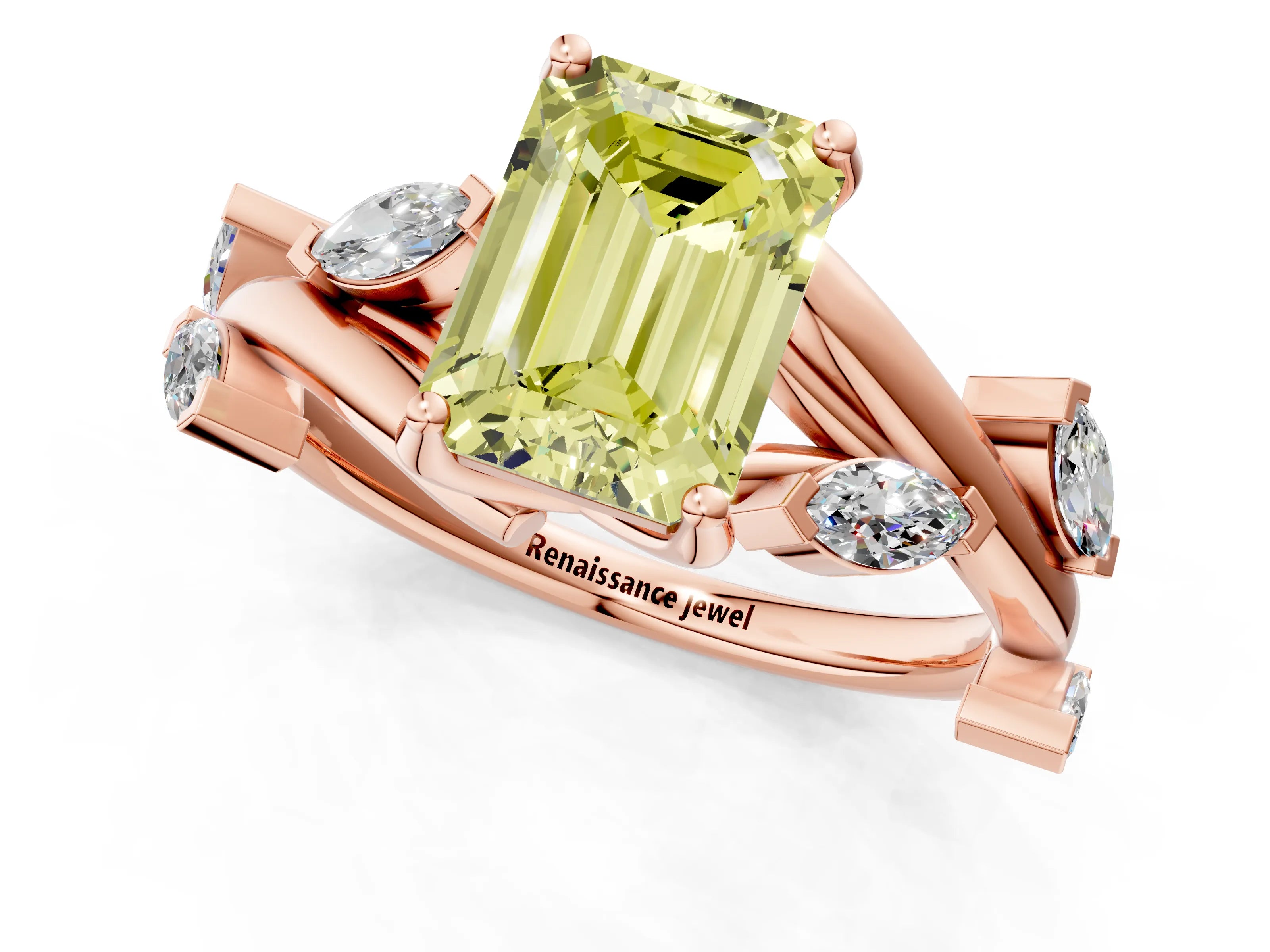 Rose gold Fancy Yellow Emerald Cut Solitaire Twisted Band Marquise Accent Prong Setting Ring_1