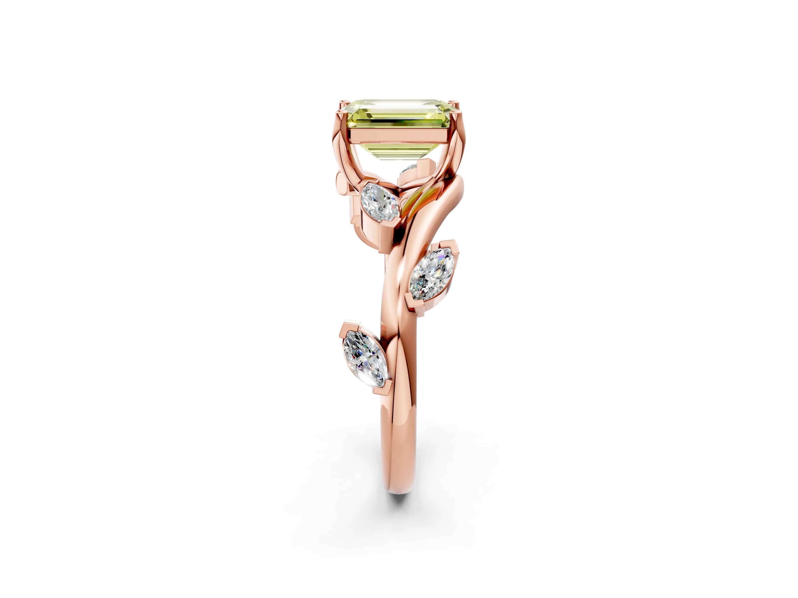 Rose gold Fancy Yellow Emerald Cut Solitaire Twisted Band Marquise Accent Prong Setting Ring_2