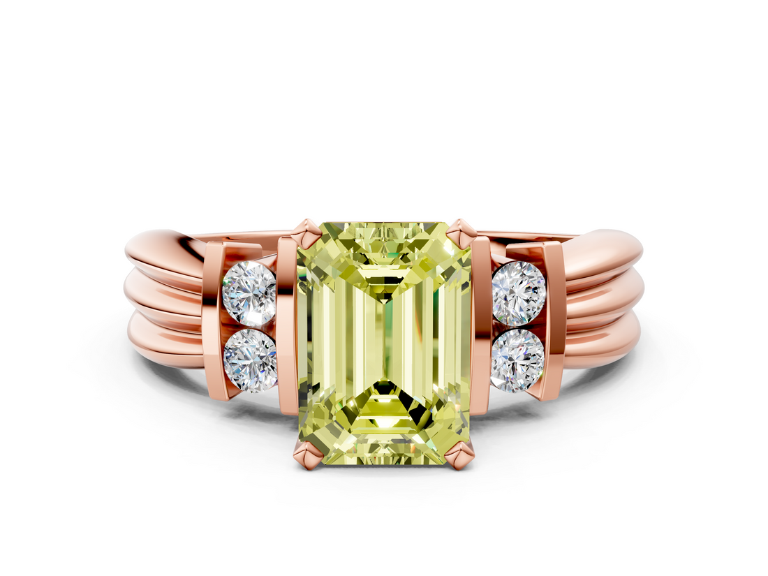 Rose gold Fancy Yellow Emerald  Cut Three-Stone Channel Set Ring with Bar Prongs_59