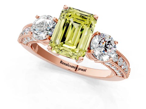 Rose gold Fancy Yellow Emerald Cut Three-Stone Diamond Ring with Pavé Band and Four-Prong Setting_1