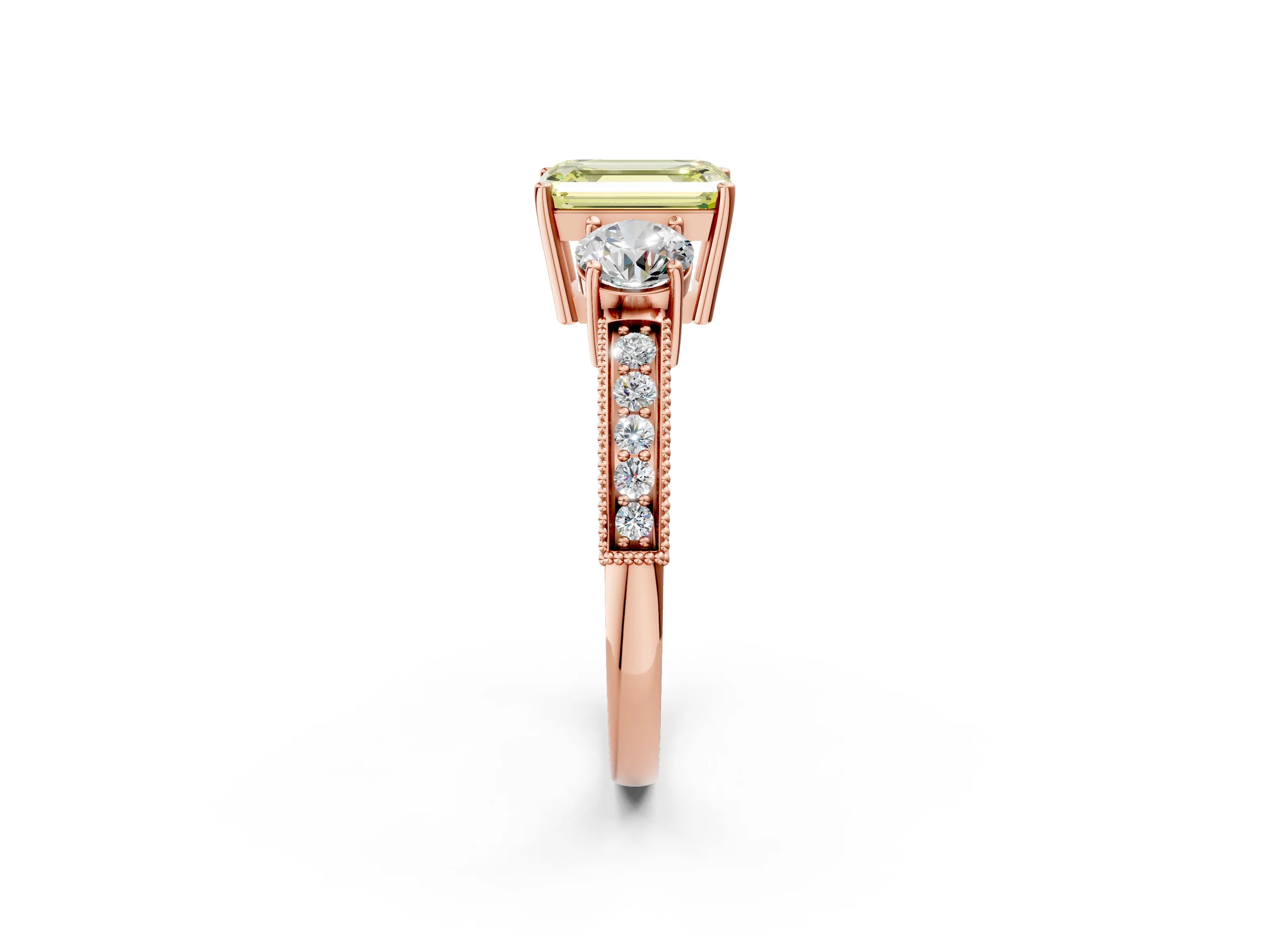 Rose gold Fancy Yellow Emerald Cut Three-Stone Diamond Ring with Pavé Band and Four-Prong Setting_2