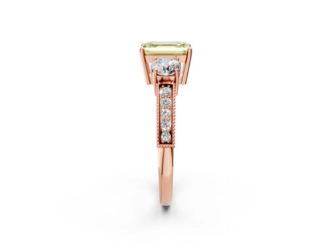 Rose gold Fancy Yellow Emerald Cut Three-Stone Diamond Ring with Pavé Band and Four-Prong Setting_2