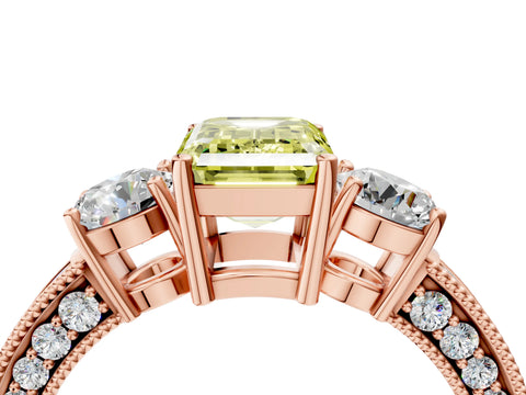 Rose gold Fancy Yellow Emerald Cut Three-Stone Diamond Ring with Pavé Band and Four-Prong Setting_4
