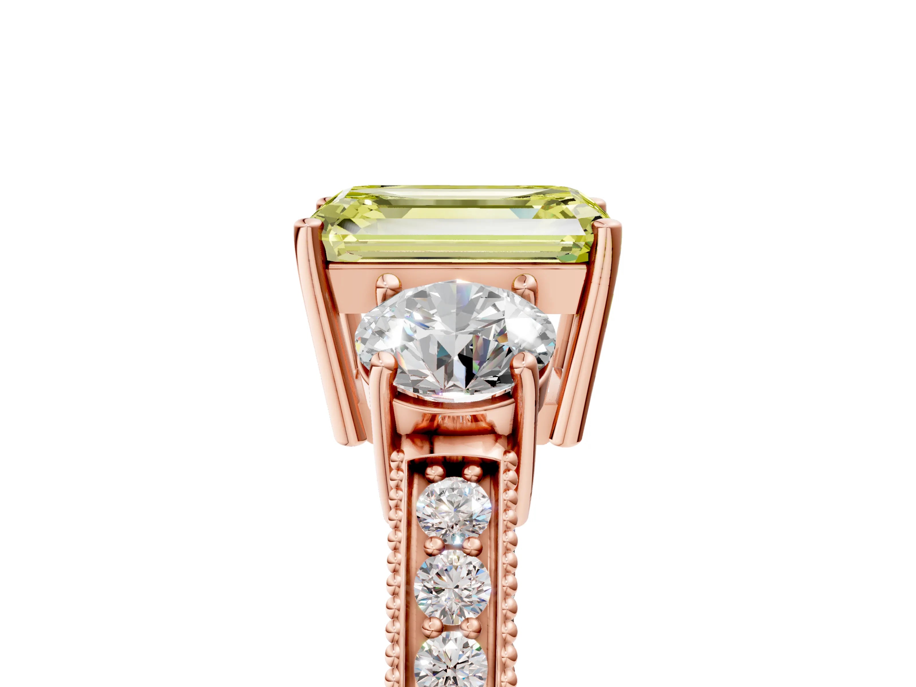 Rose gold Fancy Yellow Emerald Cut Three-Stone Diamond Ring with Pavé Band and Four-Prong Setting_5