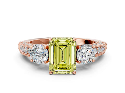 Rose gold Fancy Yellow Emerald Cut Three-Stone Diamond Ring with Pavé Band and Four-Prong Setting