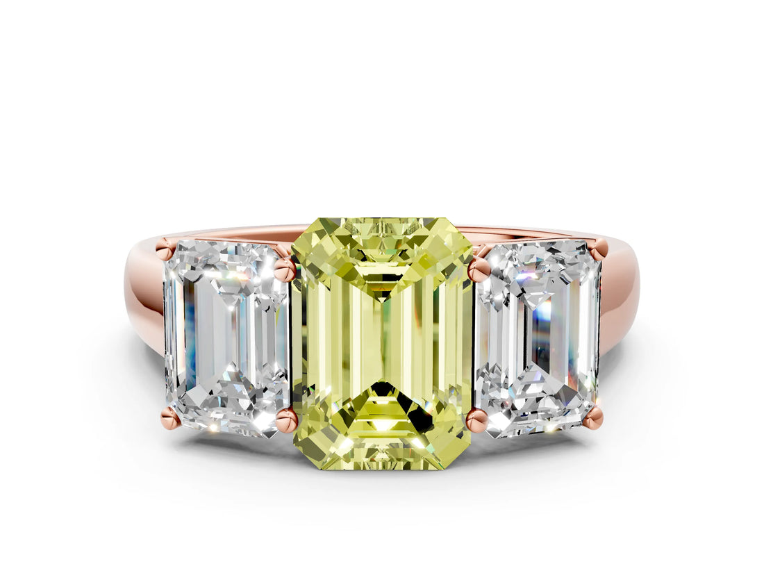 Rose gold Fancy Yellow Emerald Cut Three-Stone Diamond Ring with Prong Setting on a Classic Band_12