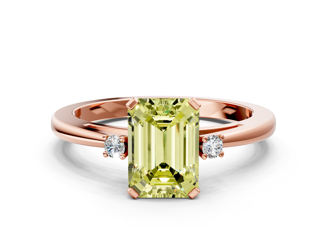 Rose gold Fancy Yellow Emerald  Cut Three-Stone Solitaire Ring with Round Accent Diamonds and Four-Prong Setting_19
