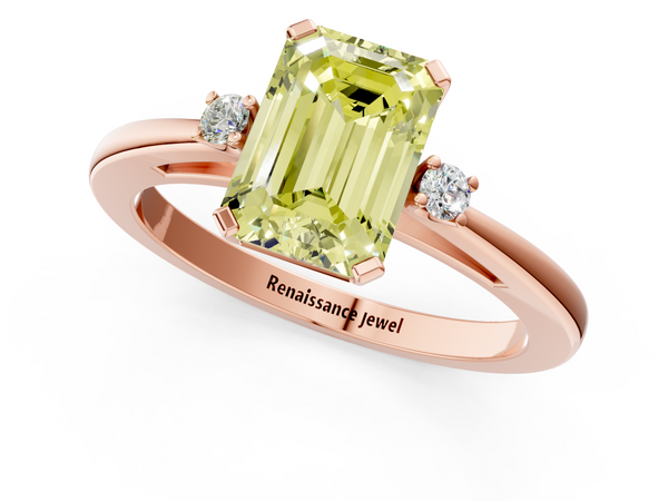 Rose gold Fancy Yellow Emerald  Cut Three-Stone Solitaire Ring with Round Accent Diamonds and Four-Prong Setting