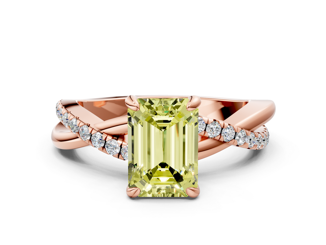 Rose gold Fancy Yellow Emerald  Cut Twist Band Solitaire Diamond Ring with Pavé Setting_3