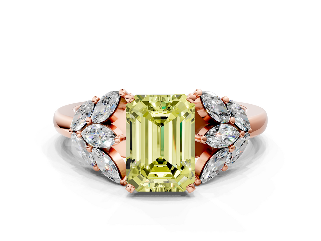 Rose gold Fancy Yellow Emerald  Diamond Cluster Leaf Design Ring with Prong Setting_70