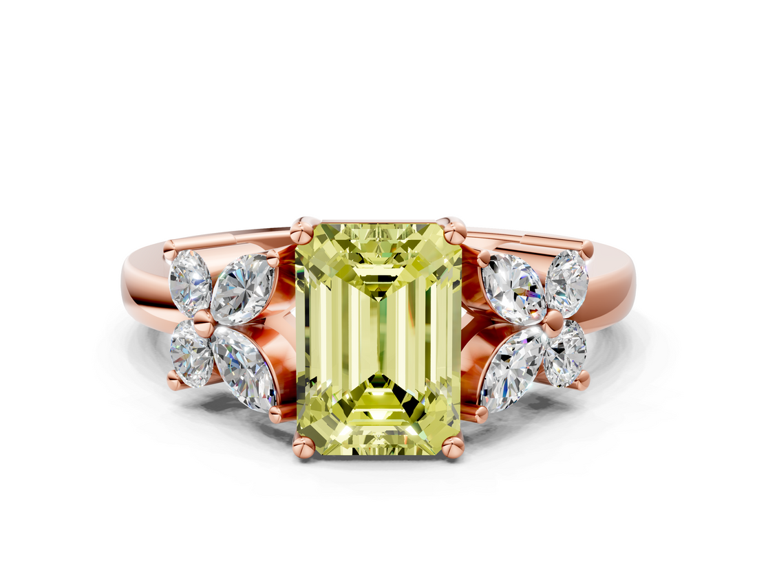 Rose gold Fancy Yellow Emerald  Diamond Floral Cluster Ring with Solitaire Band and Prong Setting_41