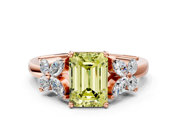 Rose gold Fancy Yellow Emerald  Diamond Floral Cluster Ring with Solitaire Band and Prong Setting