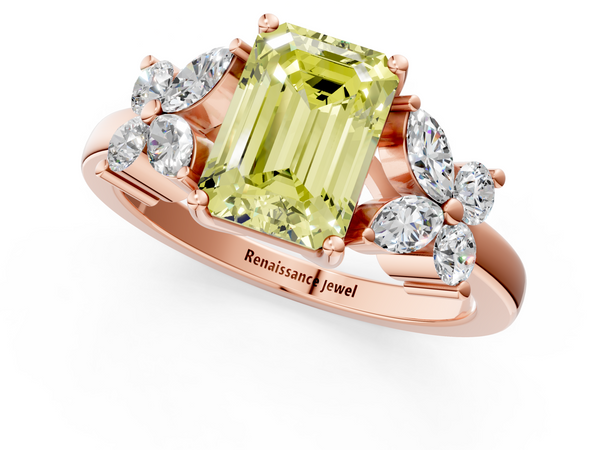 Rose gold Fancy Yellow Emerald  Diamond Floral Cluster Ring with Solitaire Band and Prong Setting