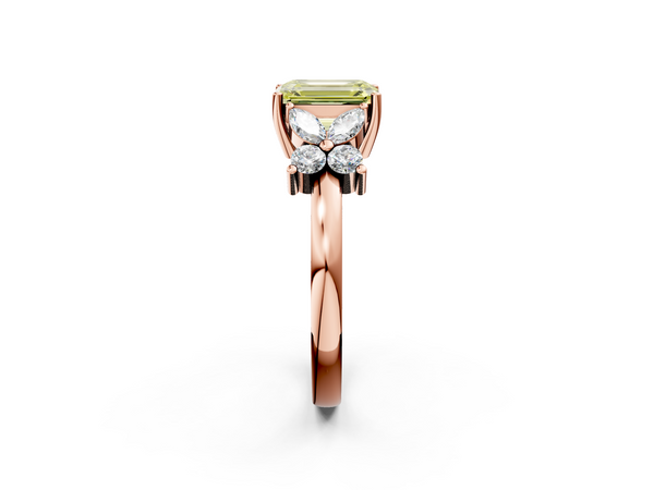 Rose gold Fancy Yellow Emerald  Diamond Floral Cluster Ring with Solitaire Band and Prong Setting