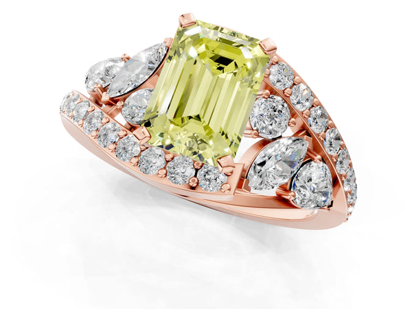 Rose gold Fancy Yellow Emerald  Diamond Halo Ring with Marquise and Pavé Band in Prong Setting