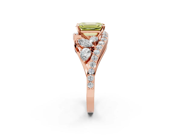 Rose gold Fancy Yellow Emerald  Diamond Halo Ring with Marquise and Pavé Band in Prong Setting