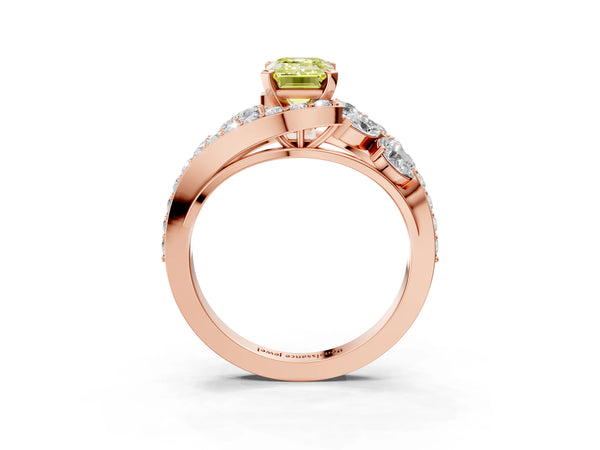 Rose gold Fancy Yellow Emerald  Diamond Halo Ring with Marquise and Pavé Band in Prong Setting