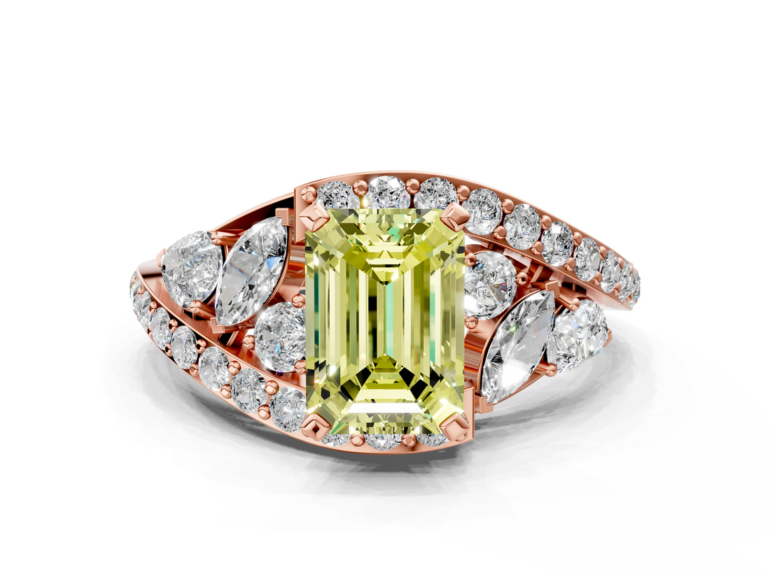 Rose gold Fancy Yellow Emerald  Diamond Halo Ring with Marquise and Pavé Band in Prong Setting_73