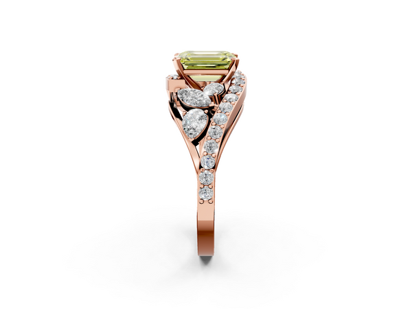 Rose gold Fancy Yellow Emerald  Diamond Halo Ring with Marquise and Pavé Band in Prong Setting