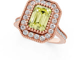 Rose gold Fancy Yellow Emerald  Diamond Halo Ring with Milgrain Frame and Pavé Band 1