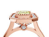 Rose gold Fancy Yellow Emerald  Diamond Halo Ring with Milgrain Frame and Pavé Band 4