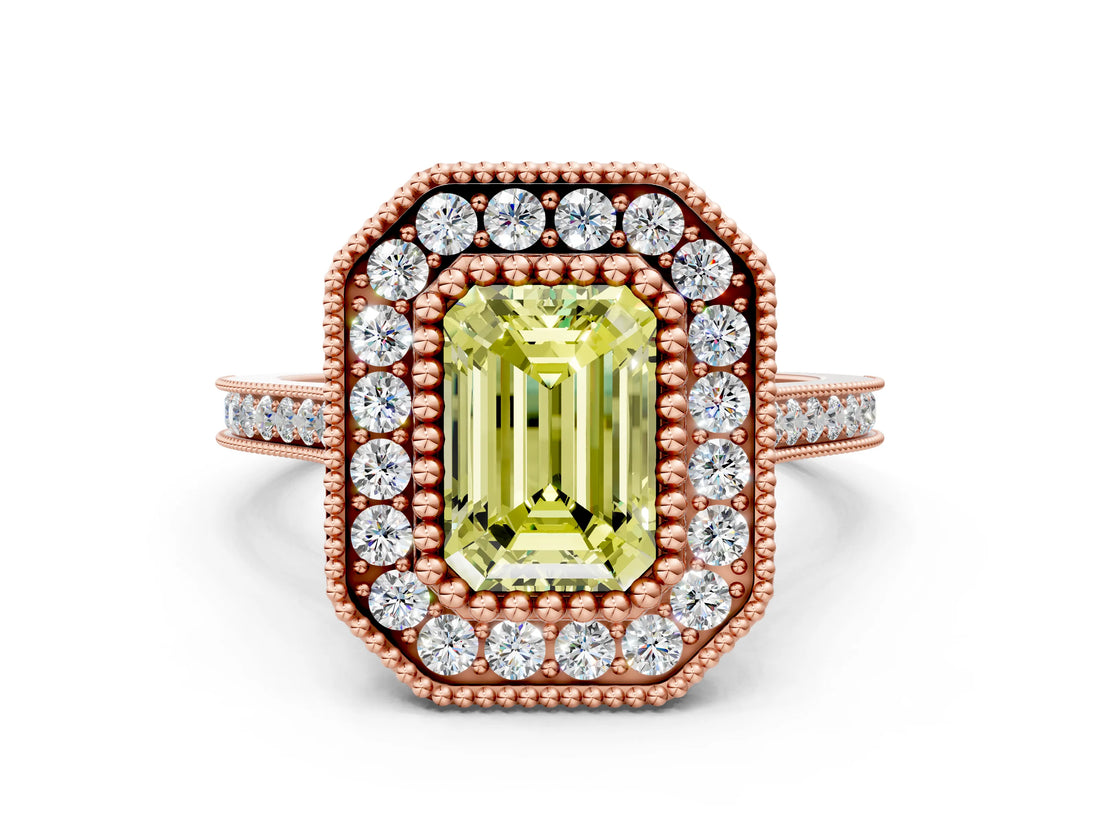Rose gold Fancy Yellow Emerald  Diamond Halo Ring with Milgrain Frame and Pavé Band