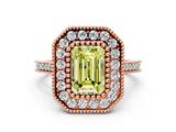Rose gold Fancy Yellow Emerald  Diamond Halo Ring with Milgrain Frame and Pavé Band
