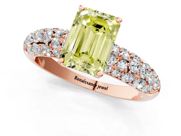 Rose gold Fancy Yellow Emerald  Diamond Pavé Band Solitaire Ring with Four-Prong Setting