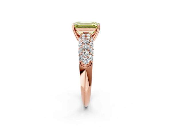 Rose gold Fancy Yellow Emerald  Diamond Pavé Band Solitaire Ring with Four-Prong Setting