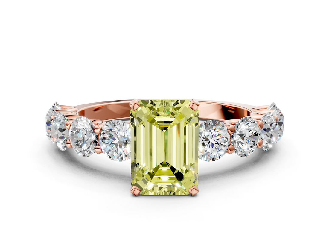 Rose gold Fancy Yellow Emerald  Diamond Prong Setting with Side Stones on a Pave Band_135