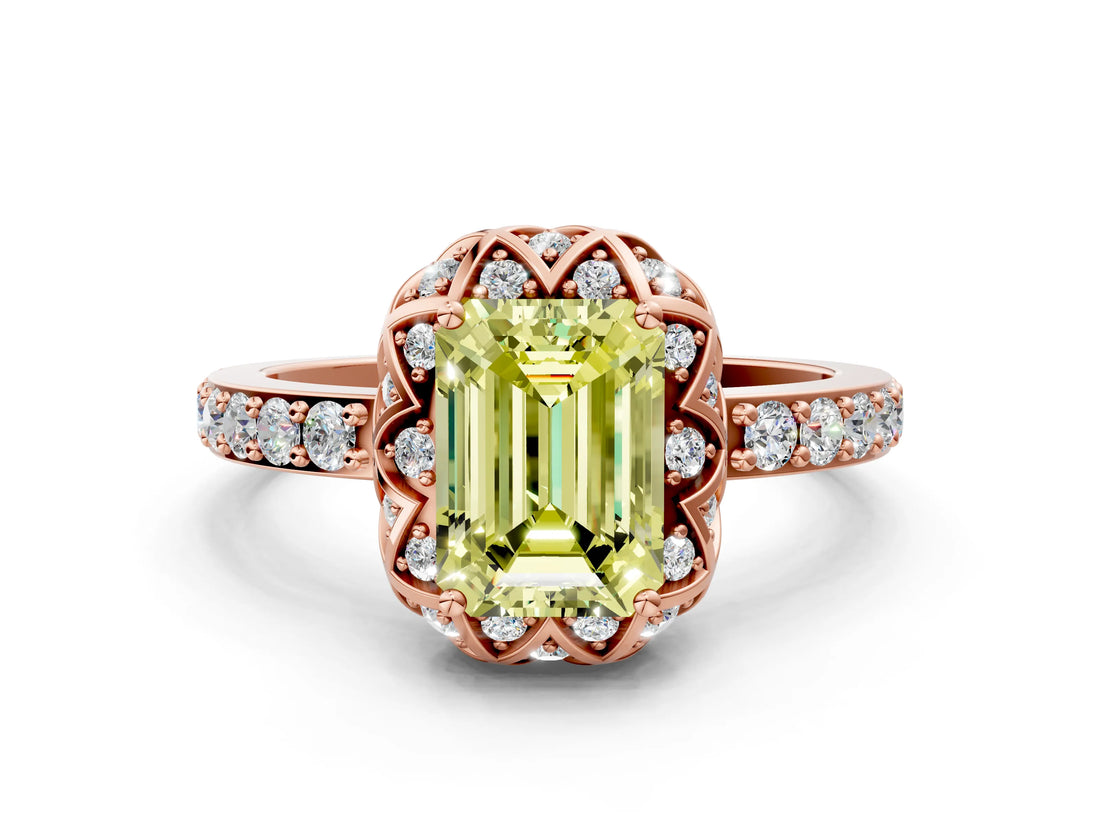 Rose gold Fancy Yellow Emerald  Diamond Solitaire Ring with Shared Prong Pavé Band_53