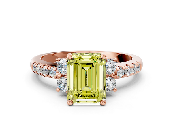 Rose gold Fancy Yellow Emerald  Diamond Three-Stone Pave Band with Four-Prong Setting