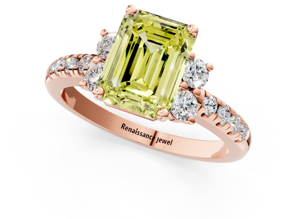 Rose gold Fancy Yellow Emerald  Diamond Three-Stone Pave Band with Four-Prong Setting