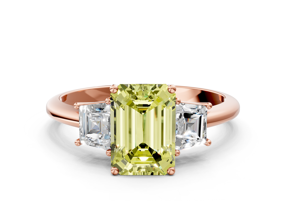 Rose gold Fancy Yellow Emerald  Diamond Three-Stone Ring with Trapezoid Side Stones and Prong Setting_17