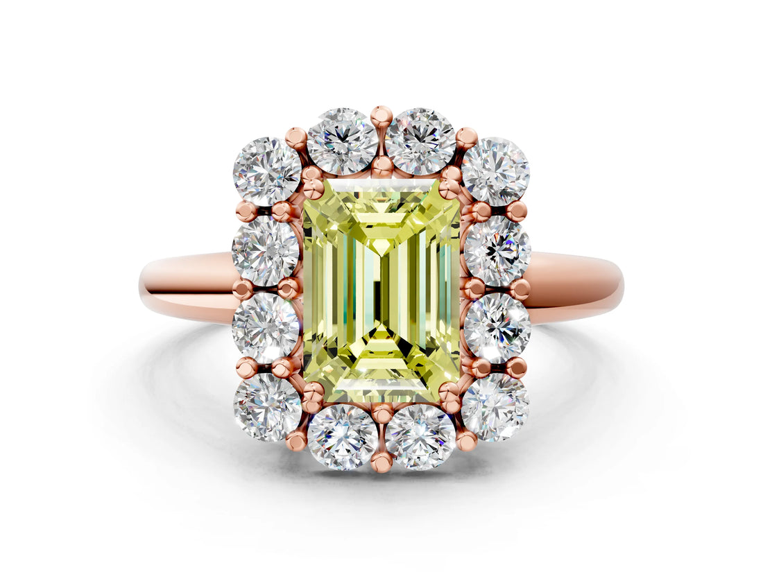 Rose gold Fancy Yellow Emerald  Halo Cluster Diamond Engagement Ring with Prong Setting and Polished Band_51