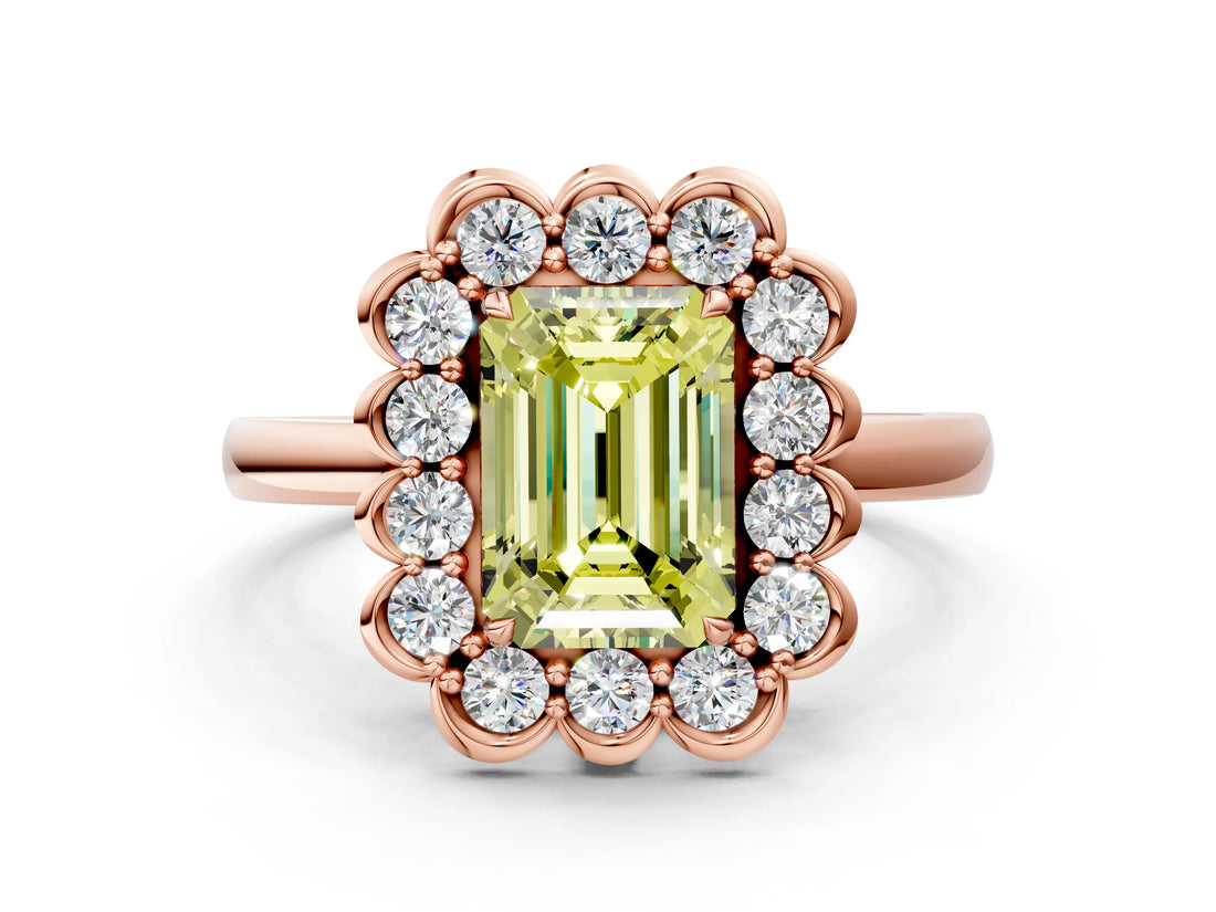 Rose gold Fancy Yellow Emerald  Halo Cluster Diamond Engagement Ring with Solitaire Band and Prong Setting_49